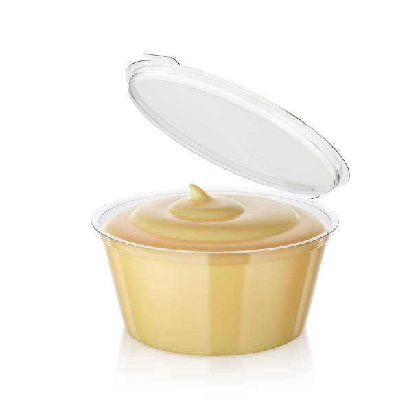 Open cheese sauce in dip container isolated on white. 3D rendering, Open cheese sauce in fast food dip container isolated on white. 3D rendering illustration. cheese sauce stock pictures, royalty-free photos & images