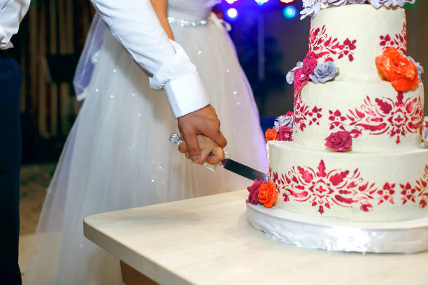 istock Bride and groom cutting a cake, wedding party 1404392697