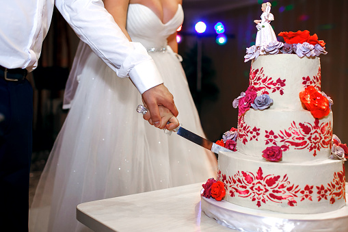 Newlyweds cut the cake together
