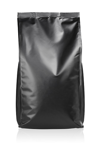 Black plastic pouch bag isolated on white background,
