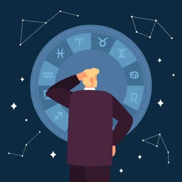 Vector illustration of Man in doubt looking at circle with twelve zodiac signs