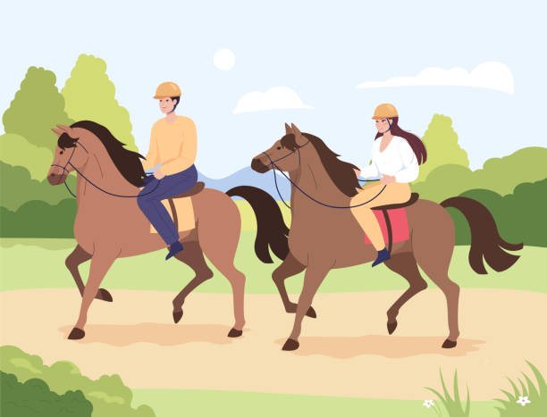 cartoon-mann und -frau, die im freien auf pferden reiten - mounted stock-grafiken, -clipart, -cartoons und -symbole