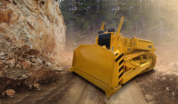 Concept of autonomous bulldozer. stock photo