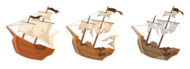 illustrations, cliparts, dessins animés et icônes de ensemble d’illustrations vectorielles de navires pirates en bois anciens et nouveaux - naufrage de bateau