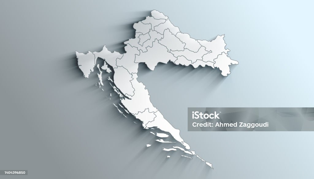 Modern White Map of Croatia with Counties With Shadow Geographical Map of Croatia with Counties with Regions with Shadows Blue Stock Photo