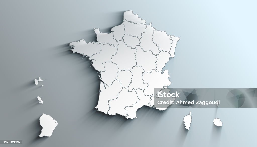 Modern White Map of France with Regions With Shadow Geographical Map of France with Regions with Regions with Shadows Blue Stock Photo