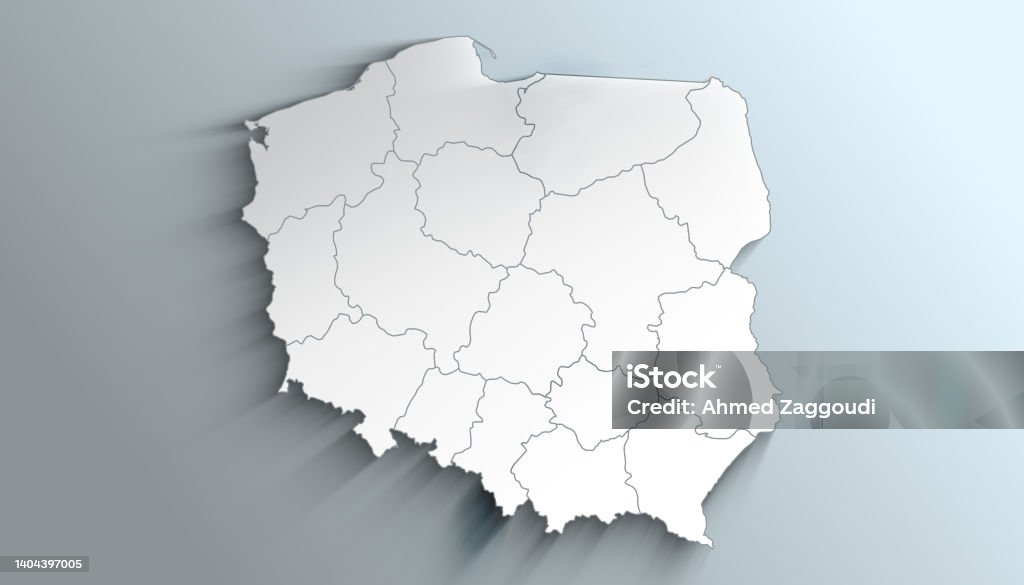 Modern White Map of Poland with Provinces With Shadow Geographical Map of Poland with Provinces with Regions with Shadows Krakow Stock Photo