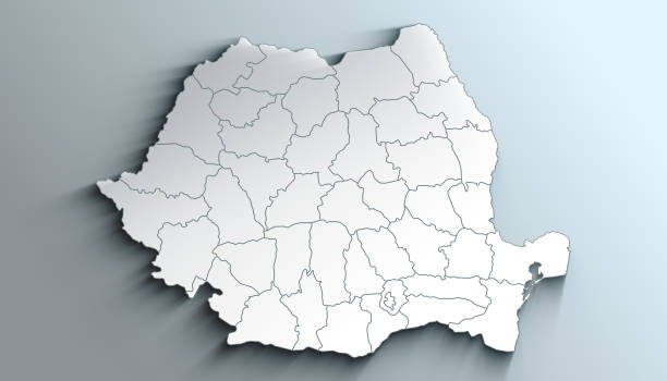 Modern White Map of Romania with Counties With Shadow stock photo