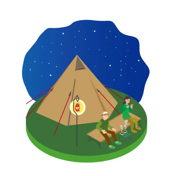 Vector illustration of Two people camping and the night sky