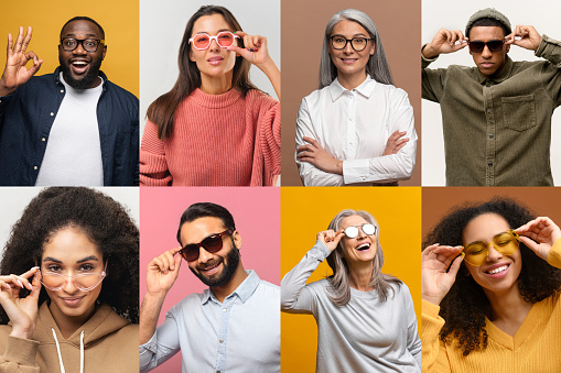 Set of multiracial people wearing different glasses and sunglasses isolated on color backgrounds, collage of portraits of diverse uneven-aged people in goggles