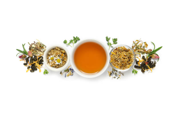 istock Composition with freshly brewed tea and dry leaves on white background, top view 1404401156