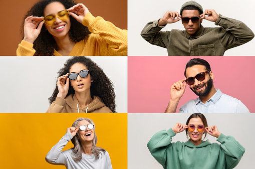 Collage of photos with diverse people wearing different sunglasses, advertising stylish accessories or optical shop. People in sunglasses enjoying sunny weather
