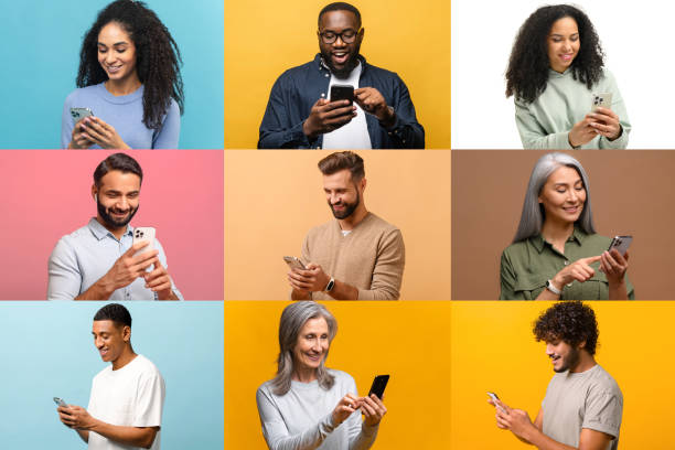 istock Set of multiracial people using smartphones isolated on color backgrounds 1404401199