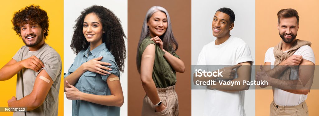 Several portraits in collage with diverse people after vaccination Several portraits in collage with diverse people after vaccination, happy multiracial people showing arms with band-aids after injection, pandemic control company, banner Vaccination Stock Photo