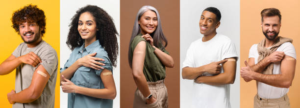 Several portraits in collage with diverse people after vaccination stock photo