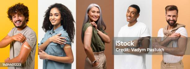 Several Portraits In Collage With Diverse People After Vaccination Stock Photo - Download Image Now
