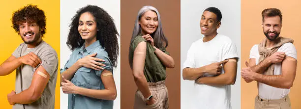 Photo of Several portraits in collage with diverse people after vaccination