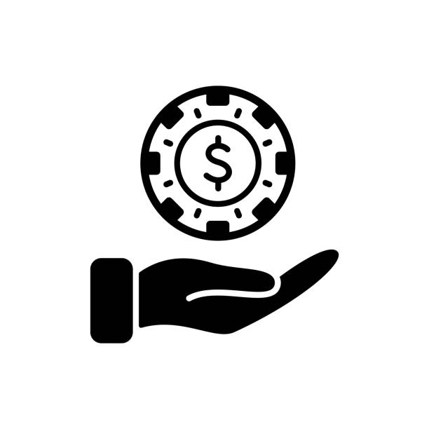 Poker Chip on Hand Glyph Icon. Coin Lucky Play Risk Gambling Game Club Flat Symbol. Money Bet Circle Token. Chip Casino Roulette Black Silhouette Pictogram. Isolated Vector Illustration Poker Chip on Hand Glyph Icon. Coin Lucky Play Risk Gambling Game Club Flat Symbol. Money Bet Circle Token. Chip Casino Roulette Black Silhouette Pictogram. Isolated Vector Illustration. white background dollar sign currency symbol dependency stock illustrations