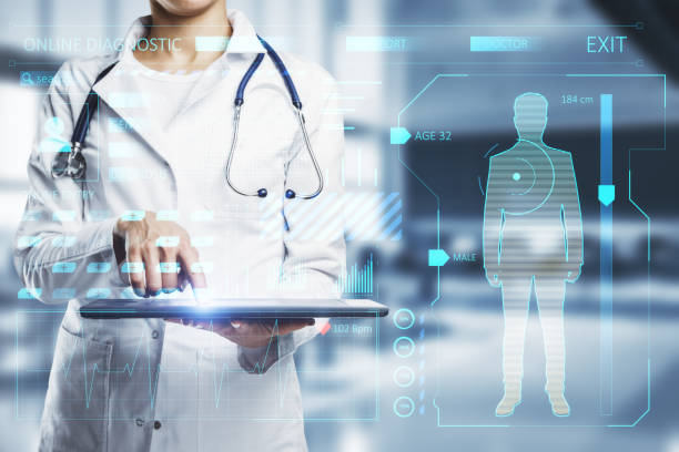istock Medical examination online concept with digital health analyzing interface projected from digital tablet in doctor hands in medical gown on background, double exposure 1404402172
