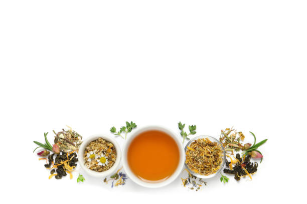 istock Composition with freshly brewed tea and dry leaves on white background, top view 1404402361