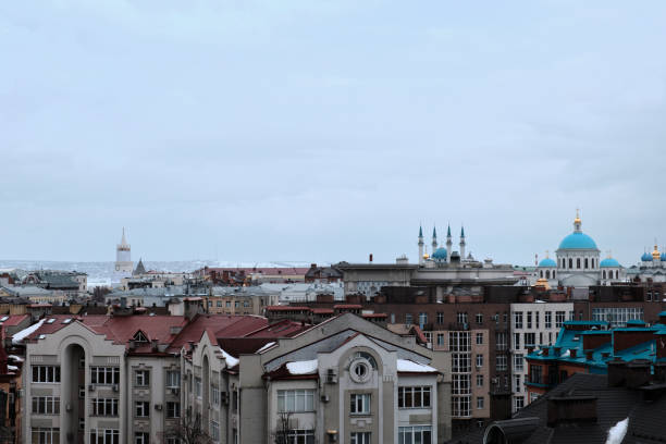 View of multi-confessional city downtown in cloudy day