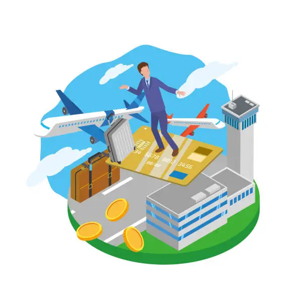 Vector illustration of Image of business trip by plane and mileage points