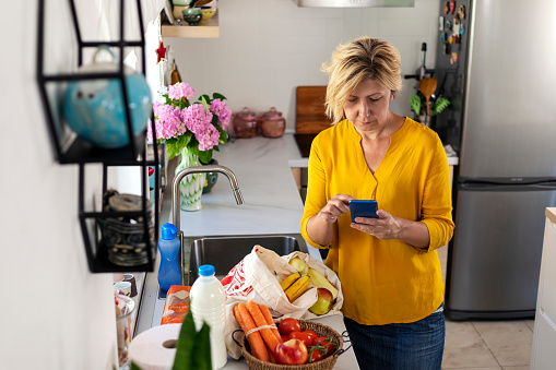 Shoot of woman going through her shopping list on smart phone  after buying groceries