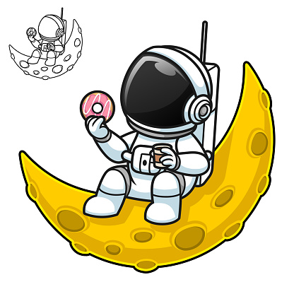 Astronaut Holding Coffee and Donuts on Crescent Moon with Black and White Line Art Drawing, Science Outer Space, Vector Character Illustration, Outline Cartoon Mascot Logo in Isolated White Background