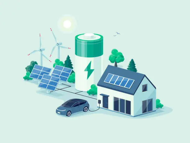 Vector illustration of Home virtual battery energy storage with solar panels and electric car charging