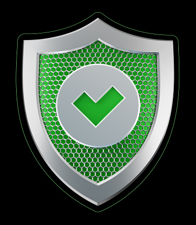 Front view at a metallic shield with a checkmark sign on it. 3D rendering graphics isolated on a black background.