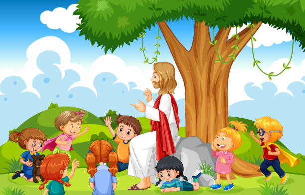 ilustraciones, imágenes clip art, dibujos animados e iconos de stock de jesús y los niños en el parque - christ child