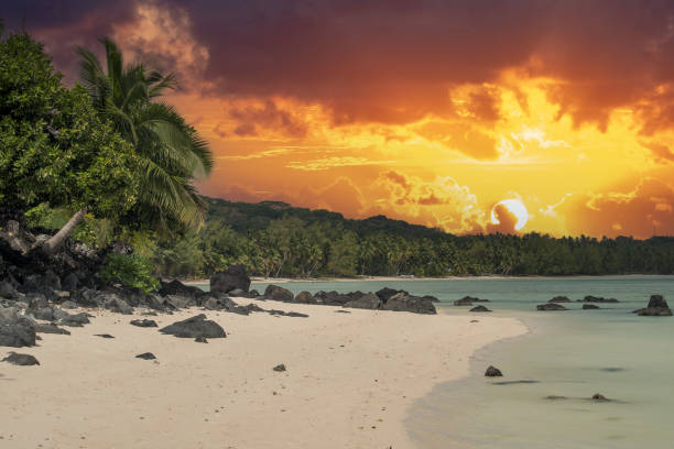 polynesia beach summer paradise lagoon at sunset stock photo