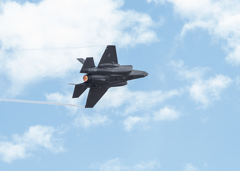 Chino, California, USA - May 6, 2017: a view of a Lockheed Martin F-35 Lightning II jet with registration 11-5036 shown in flight during an aerobatic display.