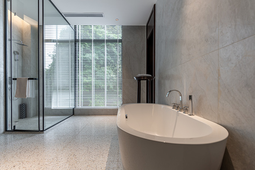 Modern Bathroom With Vanity, Bath Tub And See-Through Glass Shower