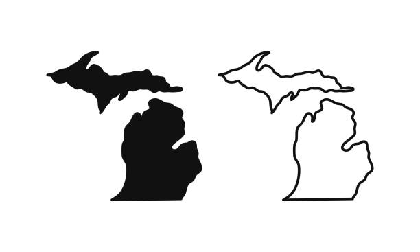 ilustraciones, imágenes clip art, dibujos animados e iconos de stock de michigan esboza el estado de ee.uu. mapa en opciones de color blanco y negro. ilustración vectorial". n - michigan