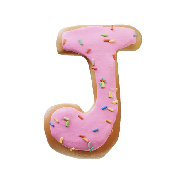 3D illustration of Rose Glazed Donut Font Concept.  Bakery sweet alphabet.Delicious Letter J. 3d rendering isolated on white background.