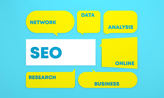 The word SEO and related words are in speech bubbles on blue background. Communication Concept.