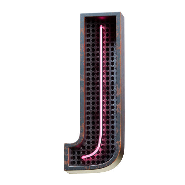 illustrazione 3d del carattere dell'alfabeto chiaro rosa al neon lettera maiuscola j. tubo al neon lettera maiuscola effetto bagliore rosa in scatola di metallo arrugginito nero.3d rendering isolato su sfondo bianco. - letter j block toy alphabet foto e immagini stock