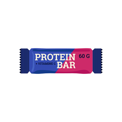 Protein bar pack flat vector illustration isolated on white background. Protein-enriched sports nutrition supplement bar for athletes and bodybuilders.