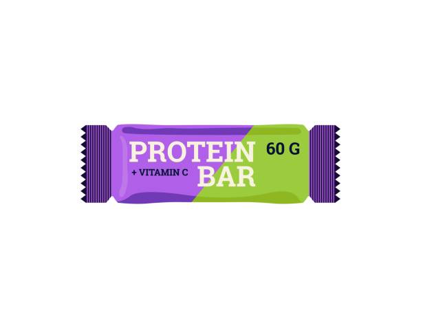 Protein bar with vitamin C, tasty snack after gym, flat vector illustration isolated on white background. Protein bar with vitamin C, tasty snack after gym, flat vector illustration isolated on white background. High in protein vandy for sport. Healthy sports nutrition and supplement. museli bar stock illustrations