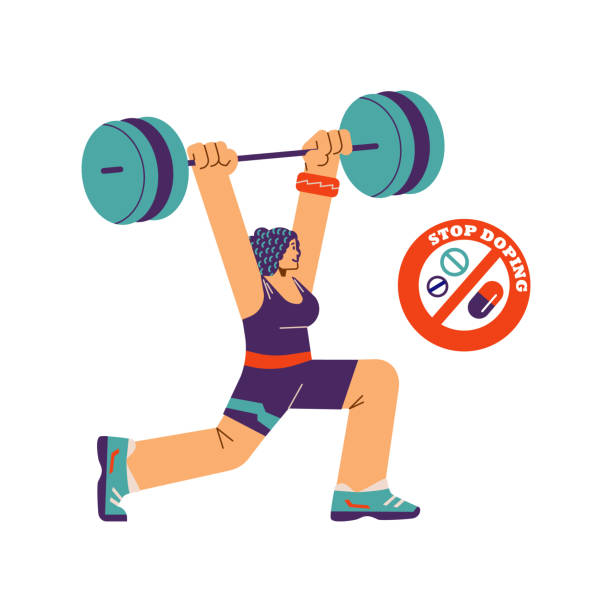 Smiling muscular sportswoman lifts heavy barbell flat style Smiling muscular sportswoman lifts heavy barbell flat style, vector illustration isolated on white background. Tablets and pills in crossed out red circle, stop doping concept anti doping stock illustrations