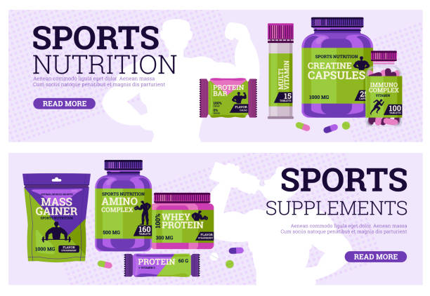 Sports supplements and healthy nutrition web banners, flat vector illustration. Sports supplements and healthy nutrition web banners, flat vector illustration. Set of posters with supplements for athletic and gym people. Protein bar, vitamins, amino acids and creatine. protein powder bottle stock illustrations