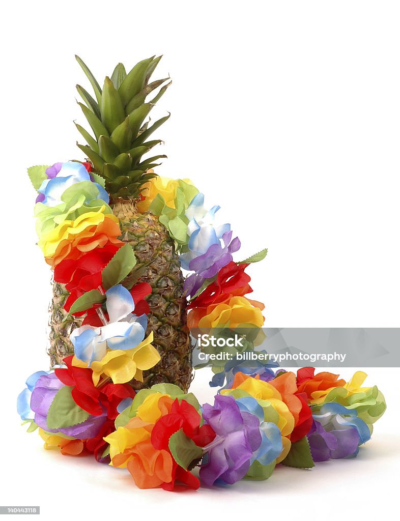 Pineapple and Lei Colorful lei draped over a fresh pineapple. Hawaiian Culture Stock Photo