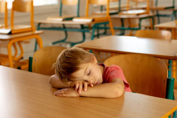 istock Tired preschool child, sitting on a desk at school, having lesson, learning 1404433361