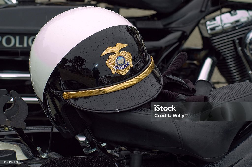 Motorcyle Police Helmet Detail Raindrops accent the helmet Police Force Stock Photo