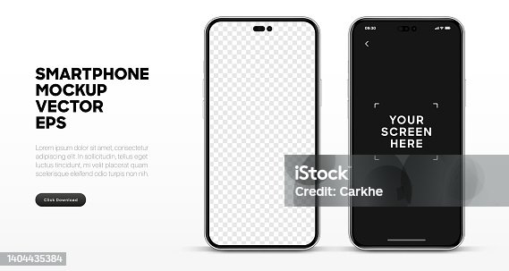 istock Realistic smartphone mockup isolated with transparent screens. Smart phone mockup collection. Device front view. 3D mobile phone with shadow on white background. Realistic, flat and line style 1404435384