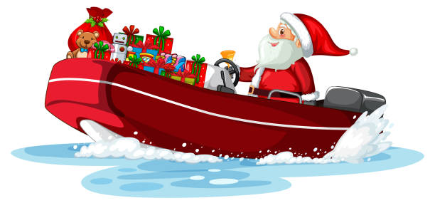 彼の贈り物とボートのクリスマスサンタ - クリンカーディンギー点のイラスト素材／クリップアート素材／マンガ素材／アイコン素材