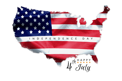 happy 4th July Independence Day greeting card American flag grunge background on America geography map shape isolated on white