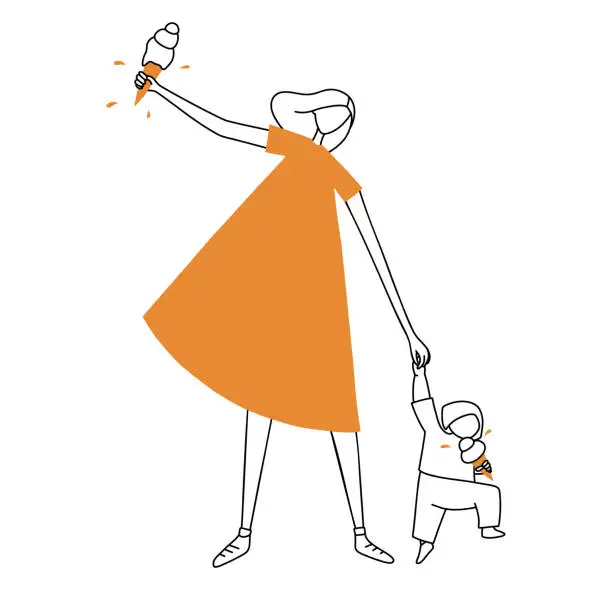 Vector illustration of Young mother in orange dress holds hand of her fleeing son. Woman and baby eating ice cream. The concept of happy motherhood