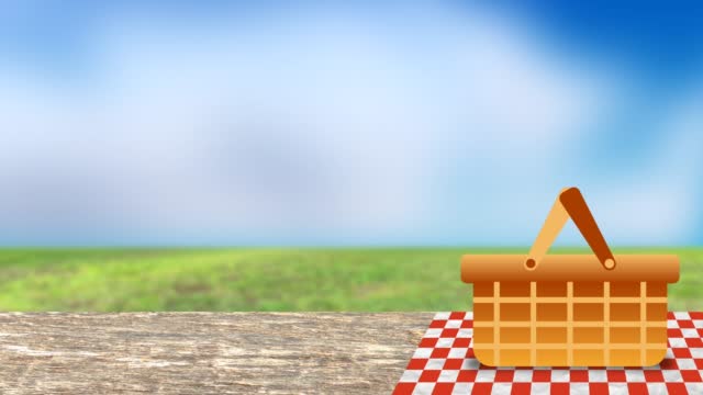 Picnic bag on wooden desk and sky realistic animation. Concept for picnic day, vacation and holiday.